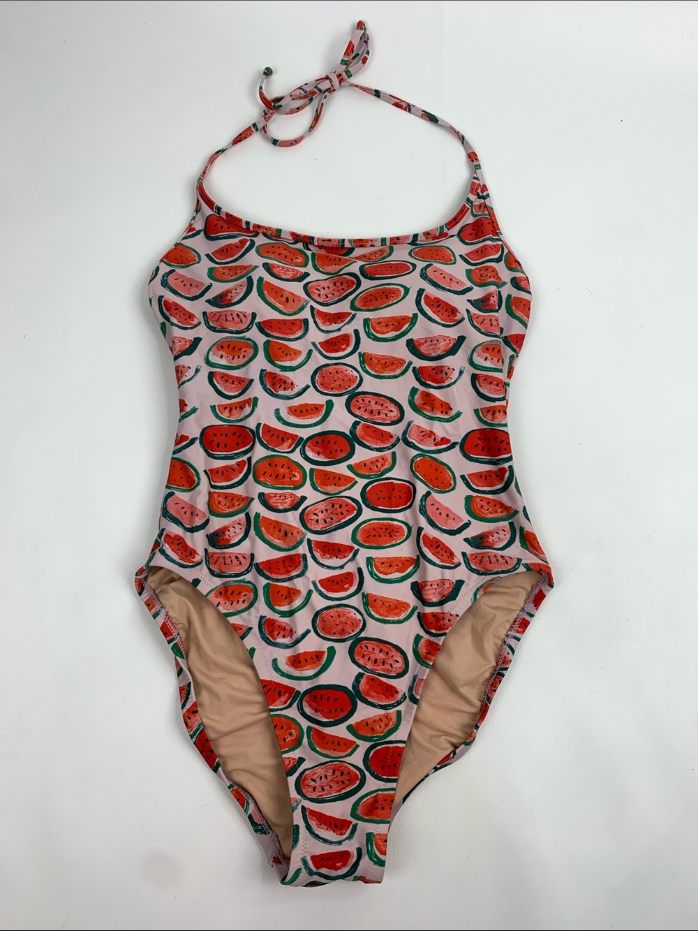 J. Crew Watermelon Print One-Piece Swimsuit  Pink/Red/Green Halter Tie Size 6